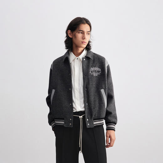 CHINISM赤尘 贴皮绣花棒球夹克男冬季翻领绵羊毛男士保暖外套 商品图0