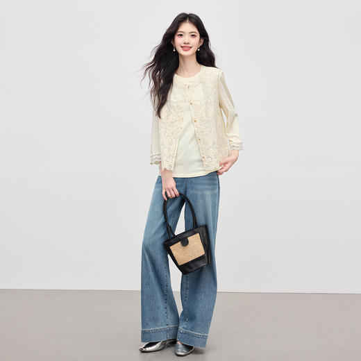 【08/12新品】熙世界镂空花边七分袖T恤女2025年早秋新款圆领独特别致全棉上衣 商品图3