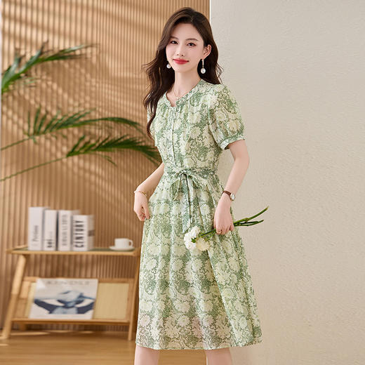 时尚碎花雪纺连衣裙，气质显瘦旅游度假短袖裙子HR-6223 商品图1