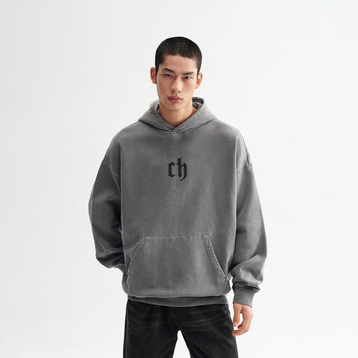 CHINISM赤尘 经典款重磅水洗灰色连帽卫衣男春季做旧情侣男生帽衫 商品图0