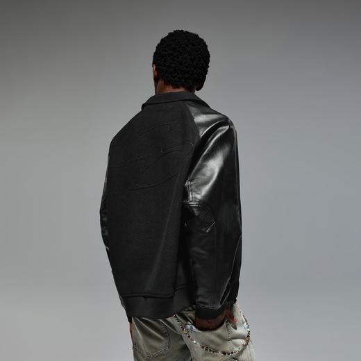 CHINISM折扣季 黑色翻领PU皮夹克男秋季新款美式拼接毛呢男士外套 商品图4