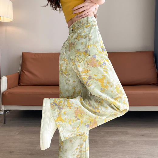 雀说黄色扎染印花阔腿牛仔裤今年流行高腰感小众碎花直筒裤AL6763 商品图3