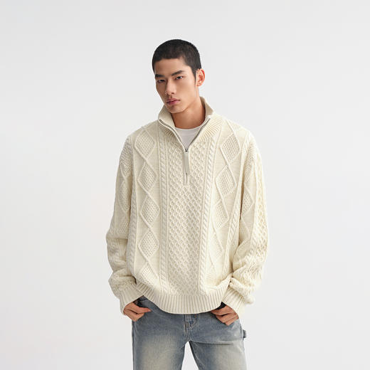 CHINISM赤尘 立领半拉链绞花毛衣男冬季美式复古针织衫男士上衣 商品图0