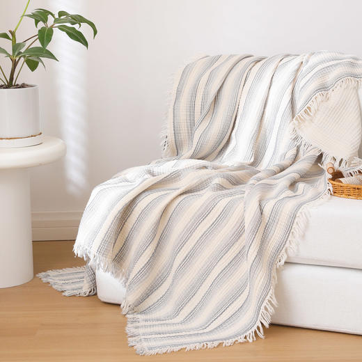 自然醒全棉100%棉四层纱流苏边毛毯子办公室午睡毯子沙发盖毯新款加厚流苏披肩毯JY 商品图7