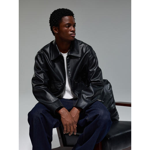 CHINISM赤尘 暗纹翻领PU皮夹克男秋季新款美式潮牌机车风皮衣外套 商品图3