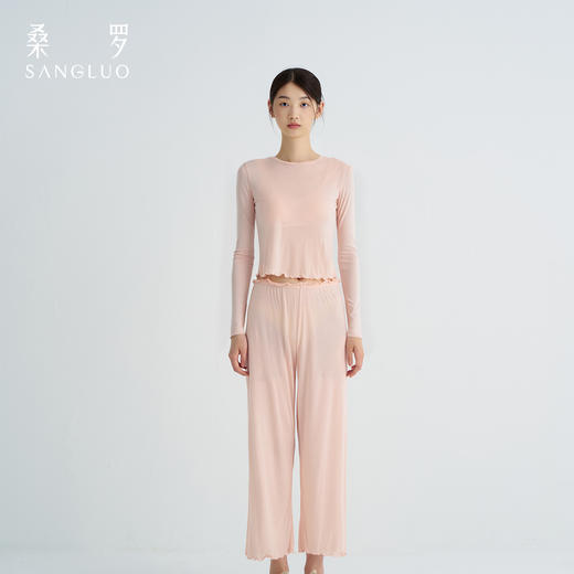 桑罗纯色长袖打底套装裸感修身贴肤睡衣女家居服可外穿免穿文胸 商品图2