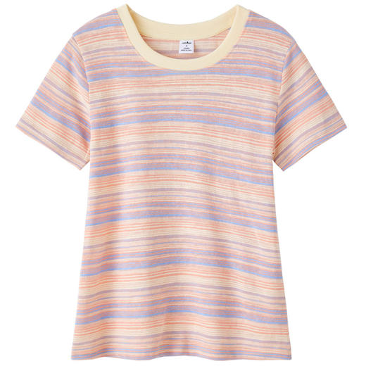 雀说新款撞色条纹圆领复古正肩短袖t恤女雪花竹节棉宽松上衣AL516 商品图4