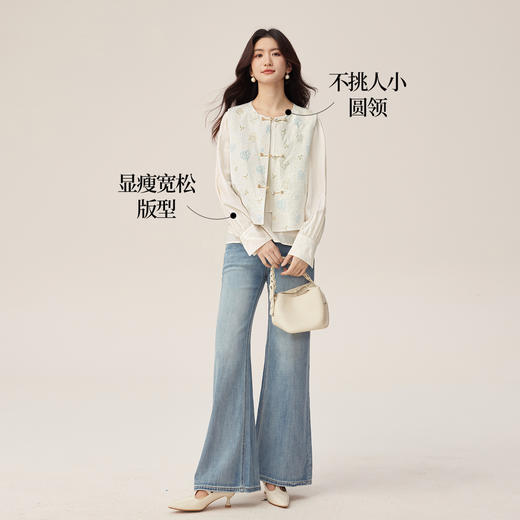 【08/12新品】熙世界醋纤混纺圆领长袖衬衫女2025秋季新款优雅气质套头宽松上衣 商品图2