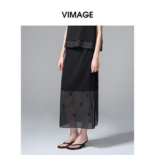VIMAGE纬漫纪拼接网纱珠片花朵优雅A字显瘦半身裙2025季夏新款V2306934 商品图2