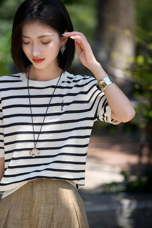 新款天丝莱赛尔桑蚕丝条纹芭蕾女孩刺绣衫 商品图0