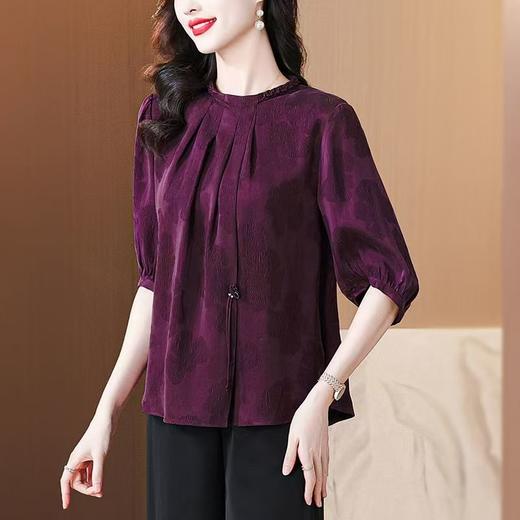紫色冠乐绉仿香云纱真丝上衣女2025夏季中年妈妈宽松阔腿裤衬衣 商品图2