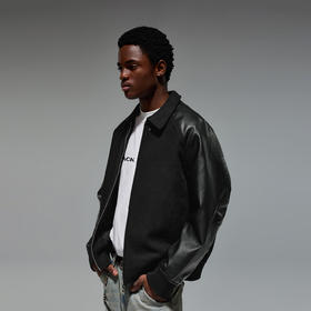 CHINISM折扣季 黑色翻领PU皮夹克男秋季新款美式拼接毛呢男士外套