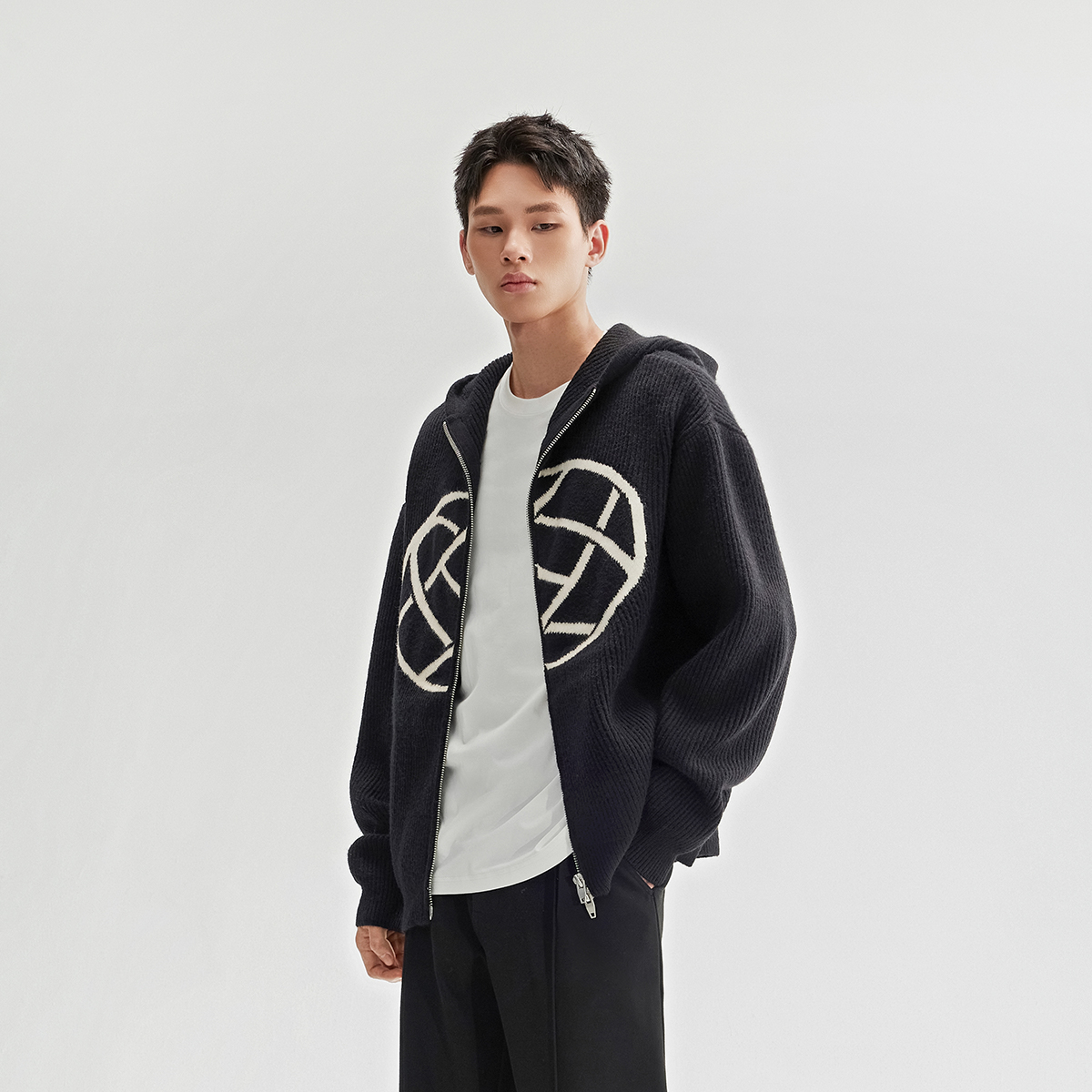 CHINISM赤尘 腈纶包芯纱线连帽开衫毛衣男冬季慵懒针织衫拉链外套