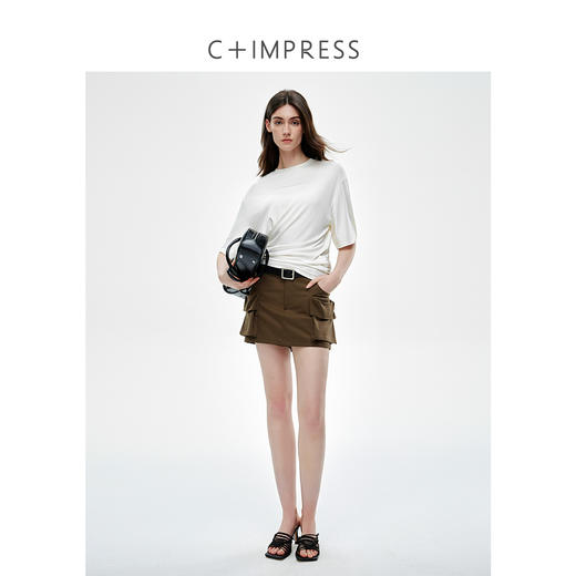 C+IMPRESS/西嘉莫代尔混纺 不对称抽褶中袖显瘦T恤女夏设计感上衣T2502007 商品图3