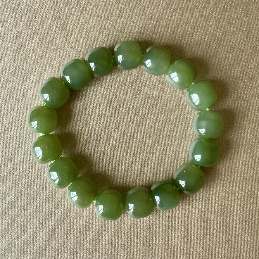 和田玉（青玉-湖水）12*11mm桶珠手串/16#