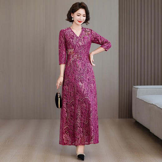 A3099#玫红色妈妈婚宴连衣裙女2025新款春夏季年轻喜婆婆喜服结婚礼服裙 商品图3