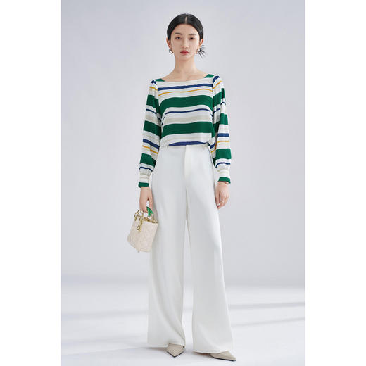 「彩条漫舞」桑蚕丝上衣 复古俏皮 女秋季经典条纹减龄百搭长袖小衫高级感4256 商品图4