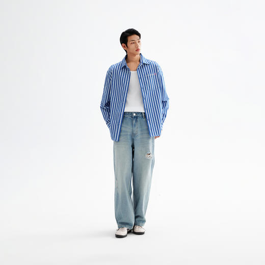 CHINISM赤尘 蓝色条纹休闲长袖衬衫男秋季新款美式男士衬衣外套 商品图3