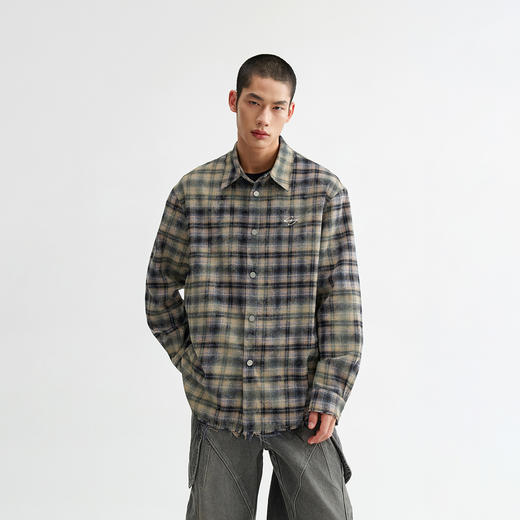 CHINISM赤尘 毛边长袖格子衬衫男秋季美式宽松休闲翻领外套上衣 商品图4