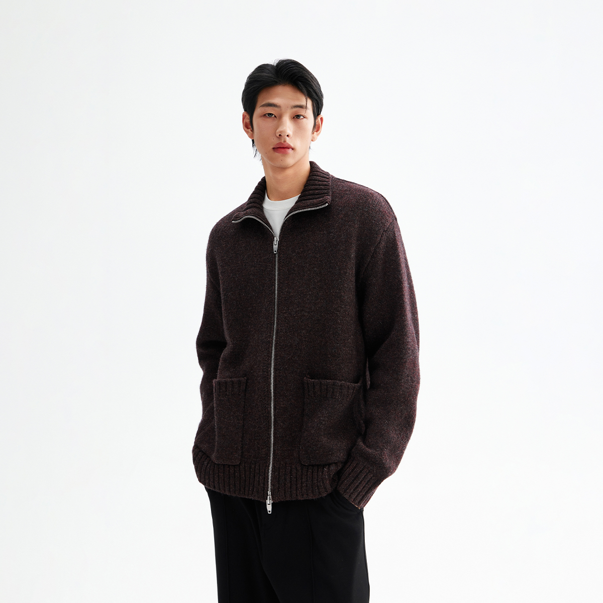 CHINISM折扣季 绵羊毛混纺拉链开衫毛衣男复古羊毛衫高领针织衫