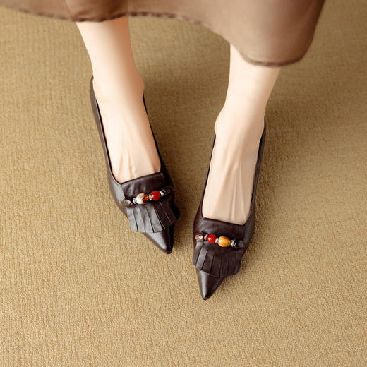 【预售5天】法式复古浅口单鞋女尖头新款小皮鞋真皮职场高跟工作鞋DB&M6532 商品图2