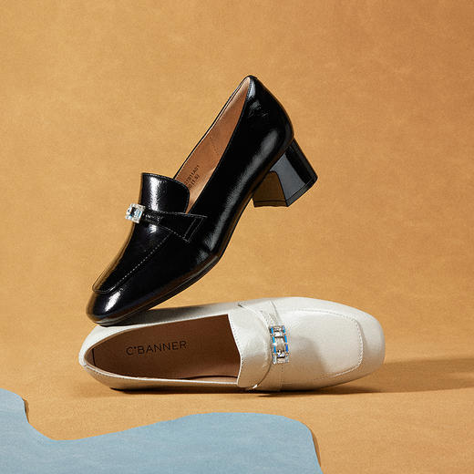 千百度经典一脚蹬乐福鞋女款粗跟通勤黑色中跟小皮鞋A25421911 商品图2