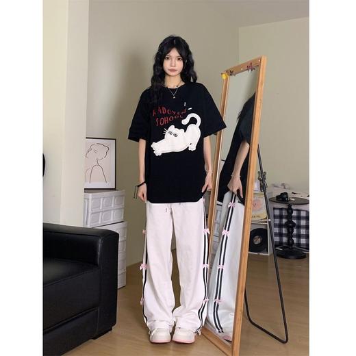 【多巴胺甜妹穿搭❗卡通猫咪短袖t恤】200克重磅印花，伸懒腰猫咪字母短袖，夏季新款宽松纯棉，纯棉情侣款短袖t恤L 商品图1