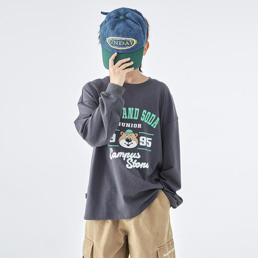 蓝汽水25年秋季新款亲子装中大男童小熊印花长袖T恤潮酷休闲上衣 商品图3