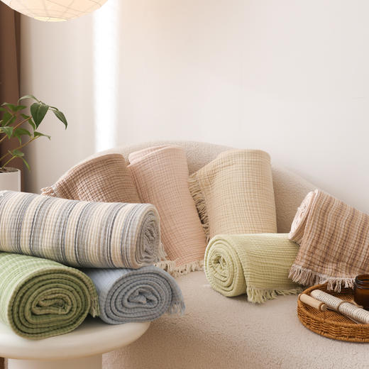 自然醒全棉100%棉四层纱流苏边毛毯子办公室午睡毯子沙发盖毯新款加厚流苏披肩毯JY 商品图4