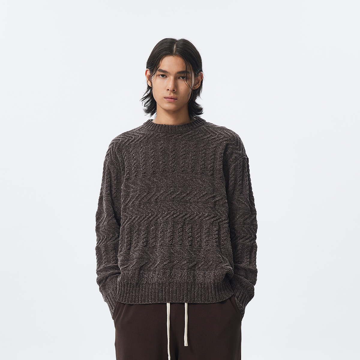 CHINISM赤尘 雪尼尔纱线柔软圆领毛衣男冬季复古半高领针织衫上衣