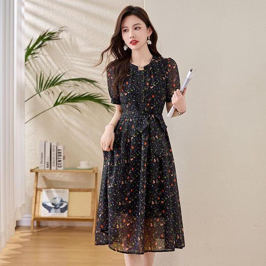 法式时尚洋气圆领短袖裙子，休闲收腰显瘦碎花连衣裙HR-6225 商品图2