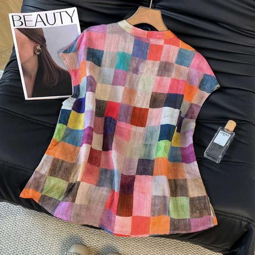 雀说新款苎麻改良旗袍上衣国风水墨彩格盘扣小衫AL6296 商品图3