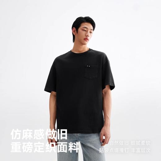 CHINISM赤尘 黑色凉感短袖T恤男夏季做旧水洗宽松男士半袖上衣 商品图2