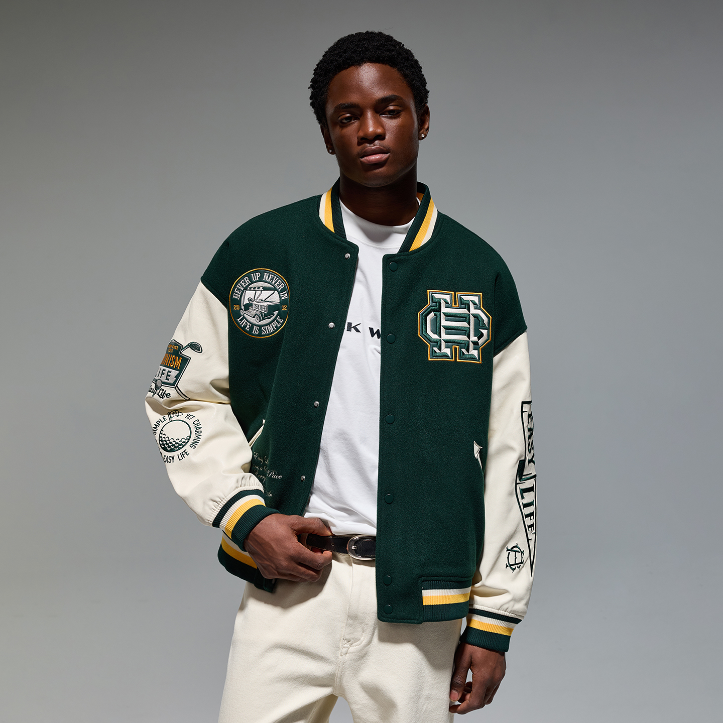 CHINISM赤尘 撞色绣花毛呢重磅棒球夹克男美式冬季复古夹棉外套