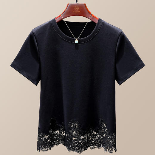 「自j」全新升级【铂金会员109/天猫149/差价40】(05924)洛诗琳新款气质蕾丝拼接T恤2025夏季百搭证件显瘦圆领上衣女 商品图3