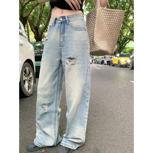 <曾小咸推荐>美式破洞蓝色牛仔裤女高腰 商品图0