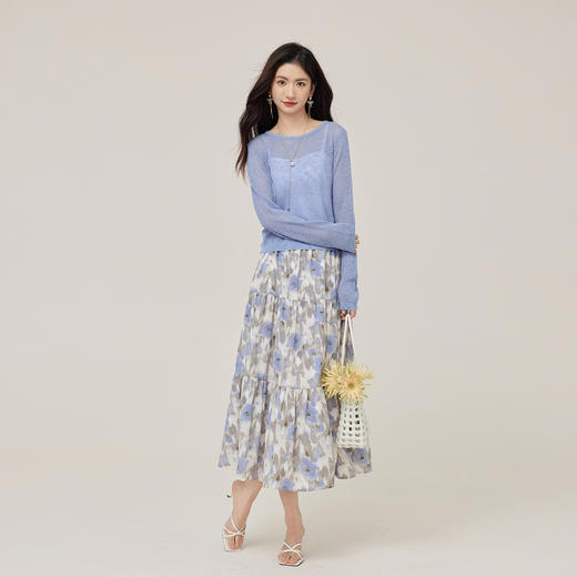 【08/12新品】熙世界气质穿搭一整套高级感女士夏秋针织罩衫碎花半身裙两件套装 商品图2