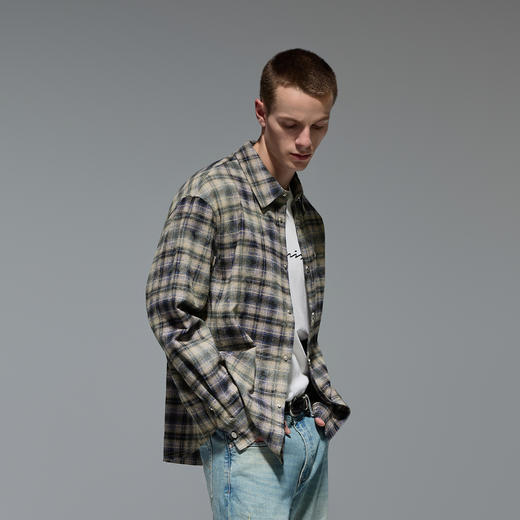 CHINISM赤尘 毛边格子长袖衬衫男秋季新款美式休闲翻领衬衣外套 商品图3