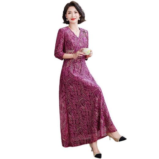 A3099#玫红色妈妈婚宴连衣裙女2025新款春夏季年轻喜婆婆喜服结婚礼服裙 商品图4