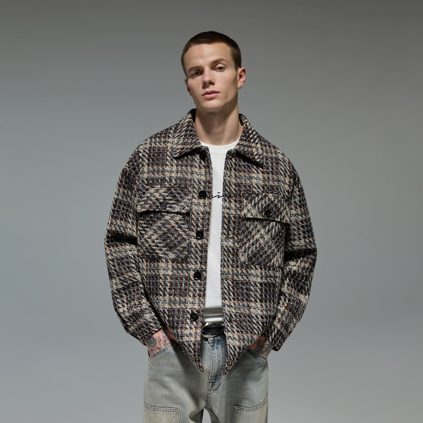 CHINISM赤尘 肌理感格纹衬衫外套男春秋美式工装复古衬衣男士上衣