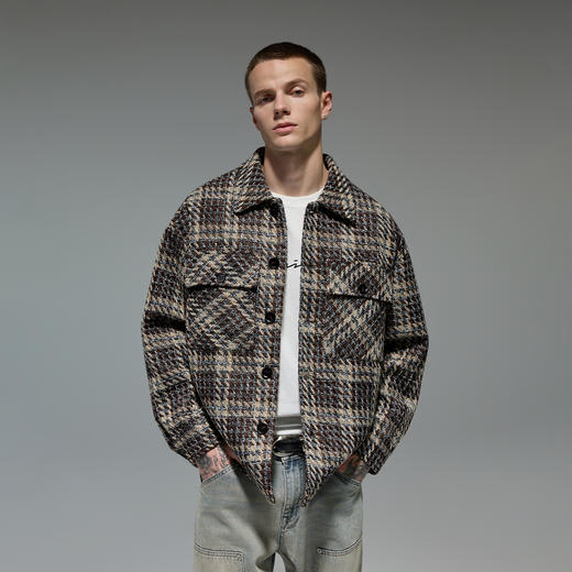 CHINISM赤尘 肌理感格纹衬衫外套男春秋美式工装复古衬衣男士上衣 商品图0