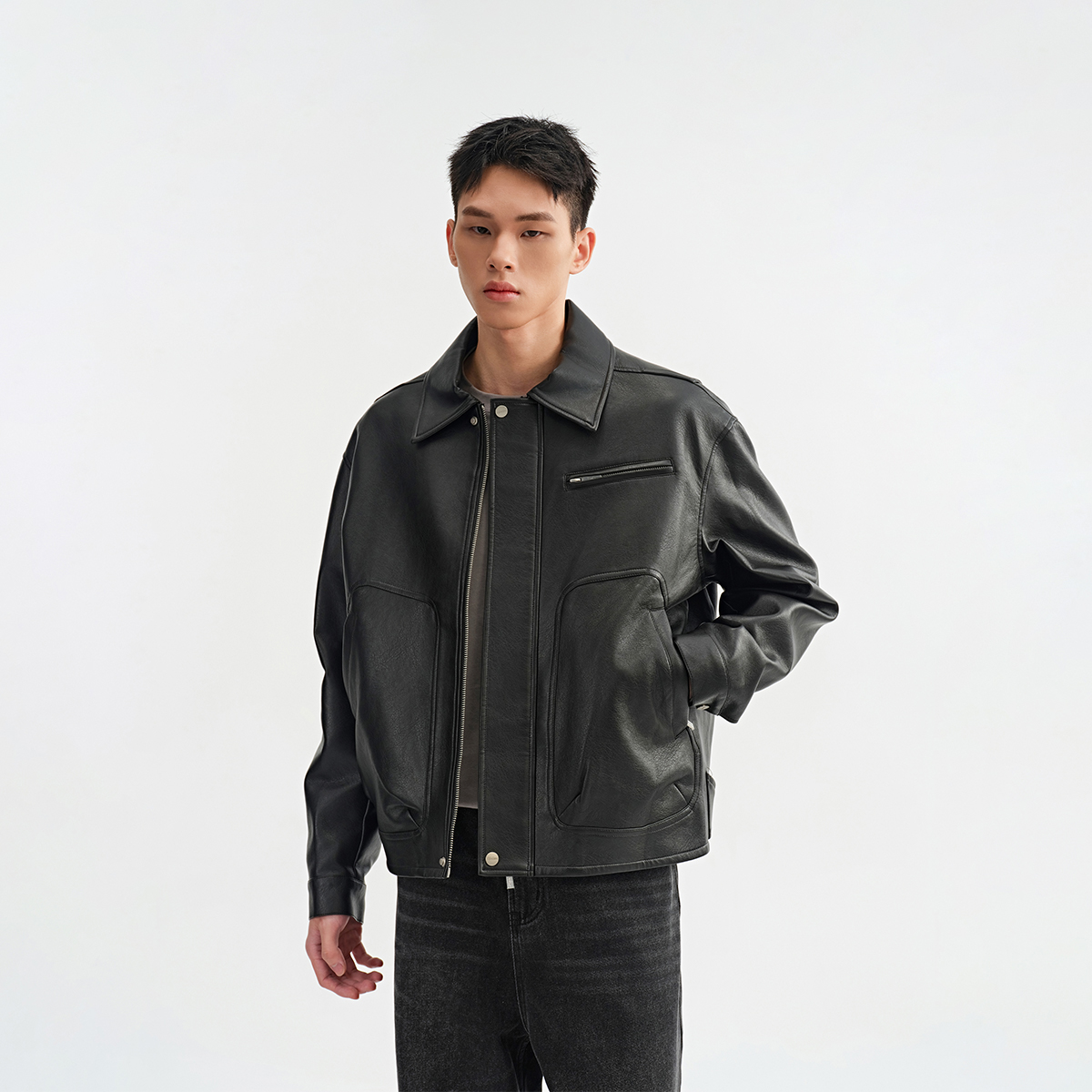 CHINISM赤尘 黑色仿水洗环保pu皮夹克男春季复古工装皮衣机车外套