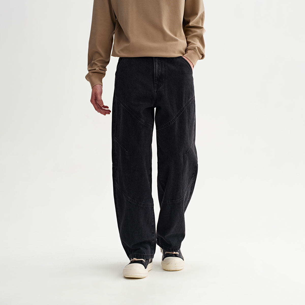 CHINISM折扣季 水洗黑色弯刀牛仔裤男直筒复古做旧宽松男士裤子