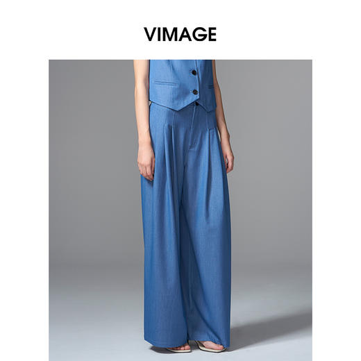 VIMAGE纬漫纪复古牛仔蓝高腰垂坠休闲百搭直筒阔腿裤2025夏季新款裤子V2305948 商品图2