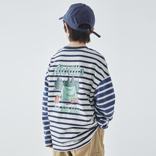 预售3.31发 蓝汽水25年秋季新款亲子装中大男童印花长袖T恤经典条纹休闲上衣 商品图2