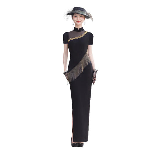 走秀旗袍2025新款弹力免烫高端舞台表演出服团队年轻黑色修身显瘦 商品图4