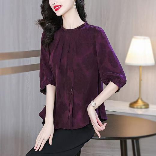 紫色冠乐绉仿香云纱真丝上衣女2025夏季中年妈妈宽松阔腿裤衬衣 商品图3
