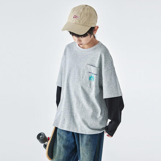 米灰预售3.30发 汽水25年秋季新款亲子装中大男童假两件长袖T恤潮流休闲上衣 商品图4