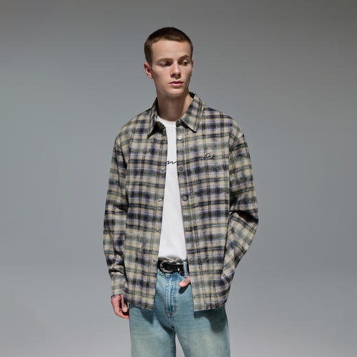 CHINISM赤尘 毛边格子长袖衬衫男秋季新款美式休闲翻领衬衣外套 商品图1