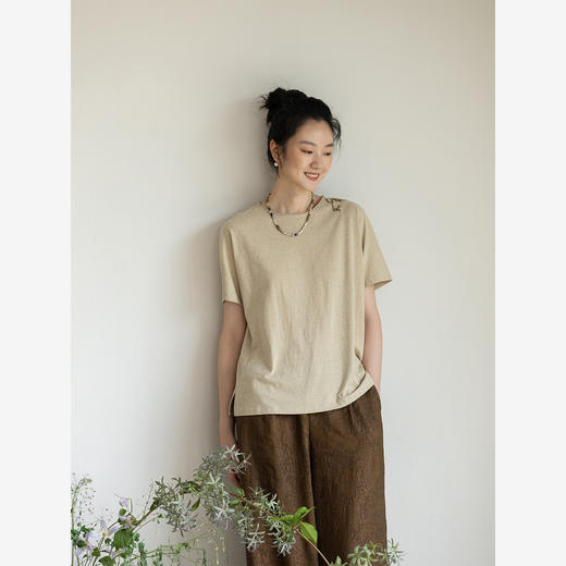 牧衣游原创 手工刺绣32支纯棉T恤女圆领宽松百搭休闲短袖 月色清 商品图1